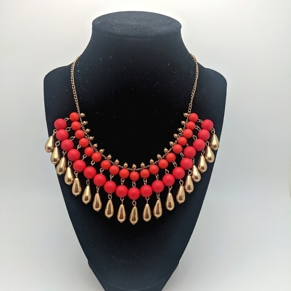 Bold Red Gold Beaded Statement Necklace